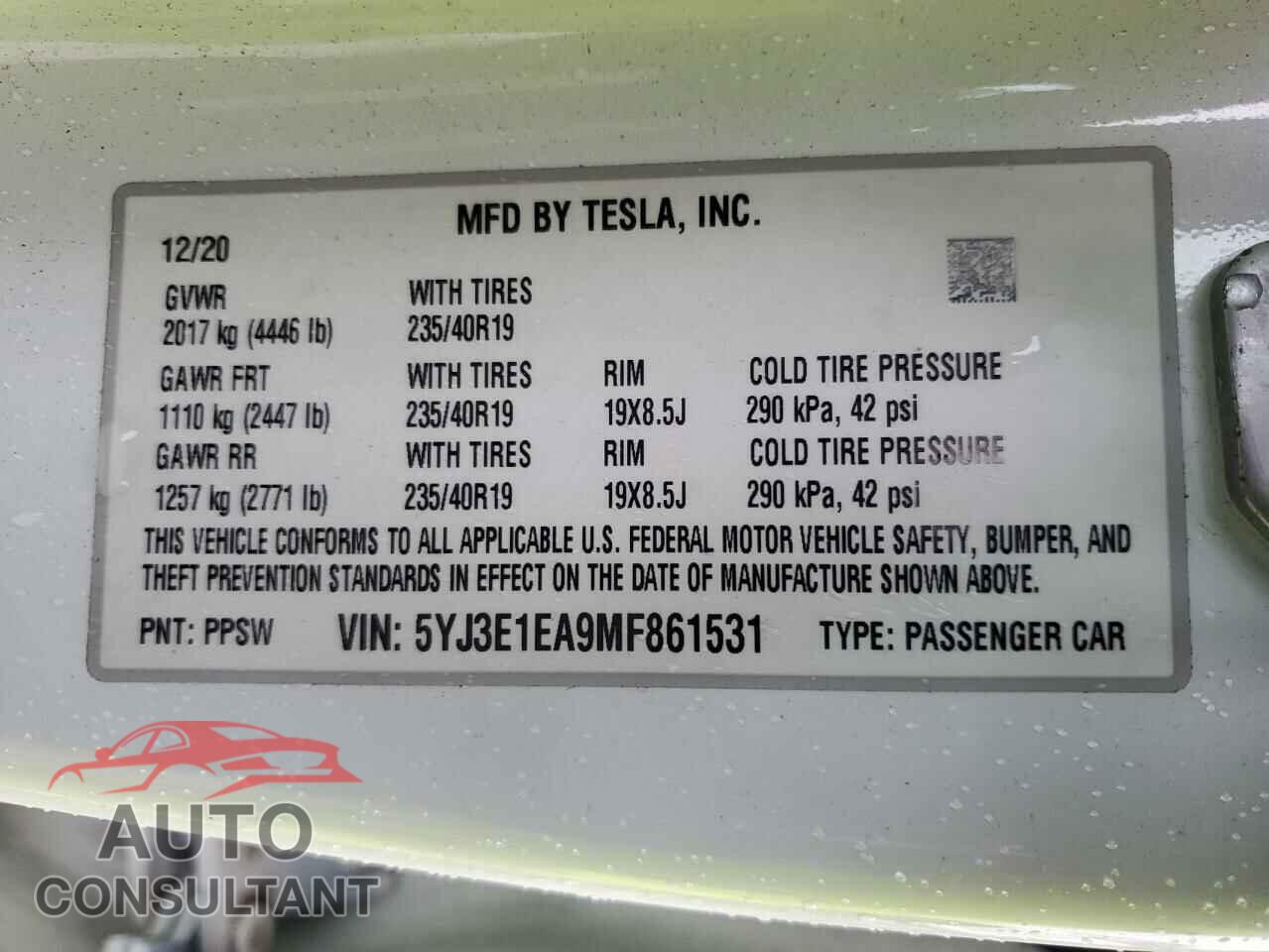 TESLA MODEL 3 2021 - 5YJ3E1EA9MF861531