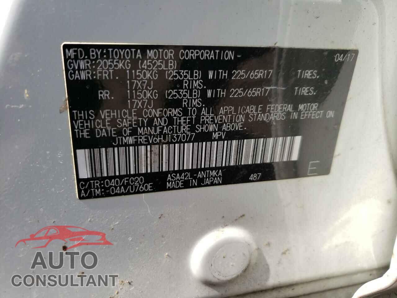 TOYOTA RAV4 2017 - JTMWFREV6HJ137077