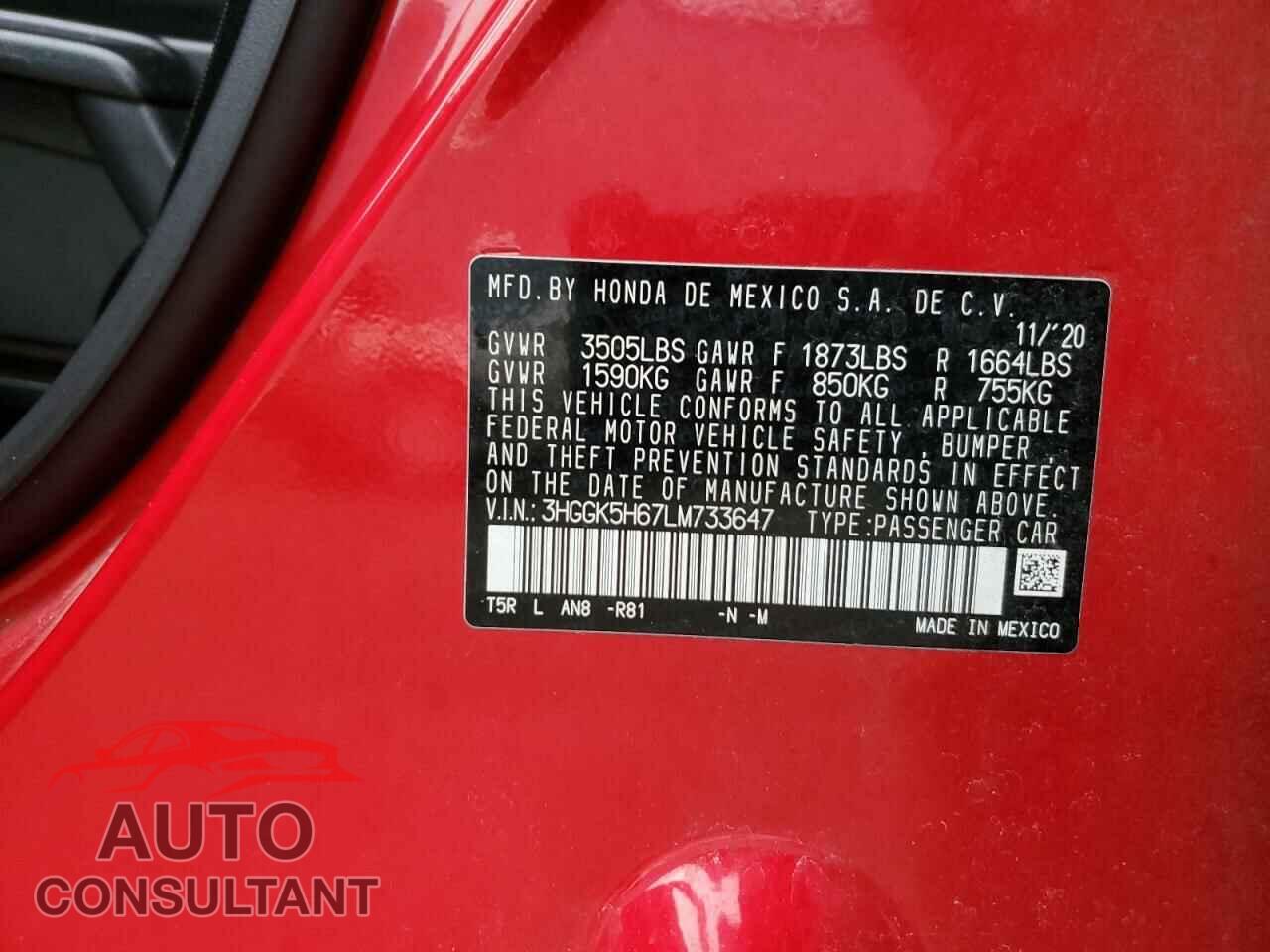 HONDA FIT 2020 - 3HGGK5H67LM733647