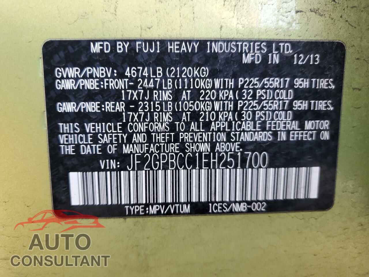 SUBARU XV 2014 - JF2GPBCC1EH251700