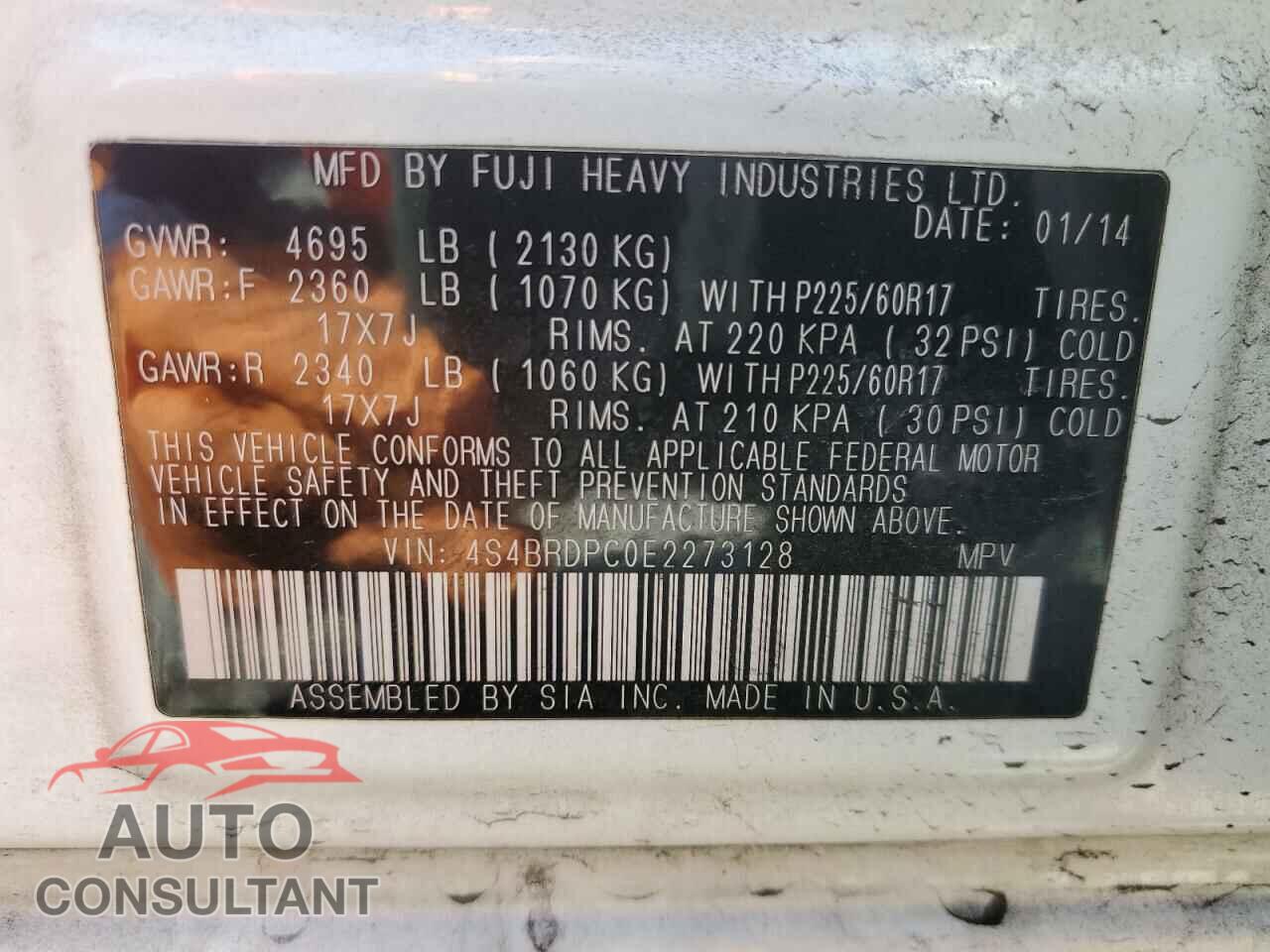 SUBARU OUTBACK 2014 - 4S4BRDPC0E2273128
