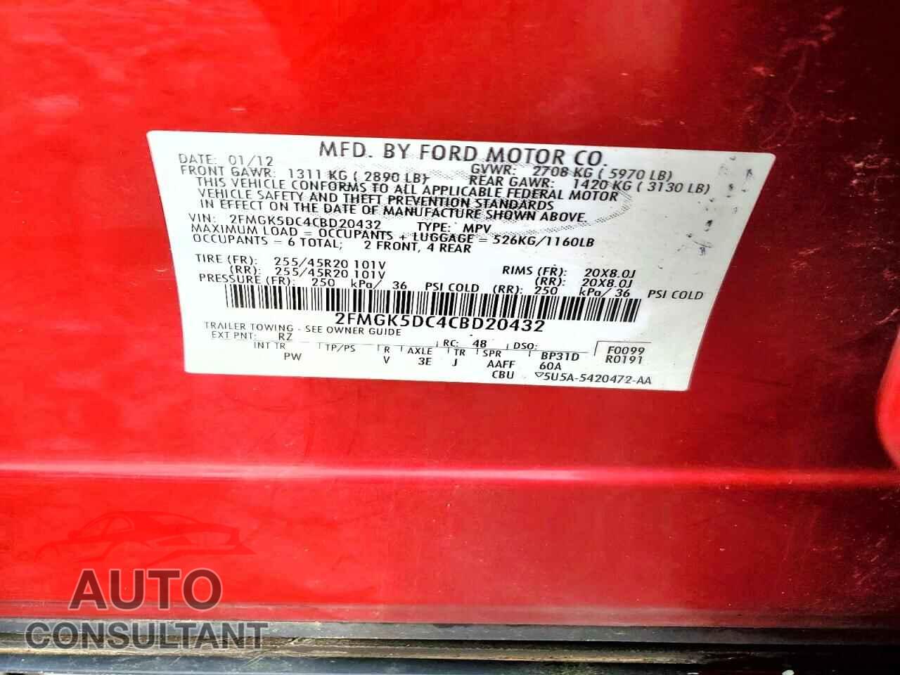 FORD FLEX 2012 - 2FMGK5DC4CBD20432