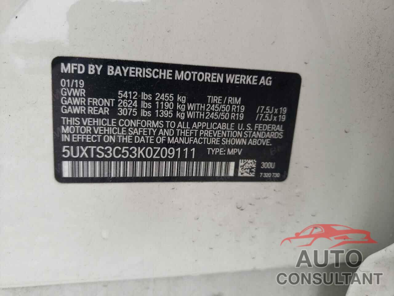 BMW X3 2019 - 5UXTS3C53K0Z09111