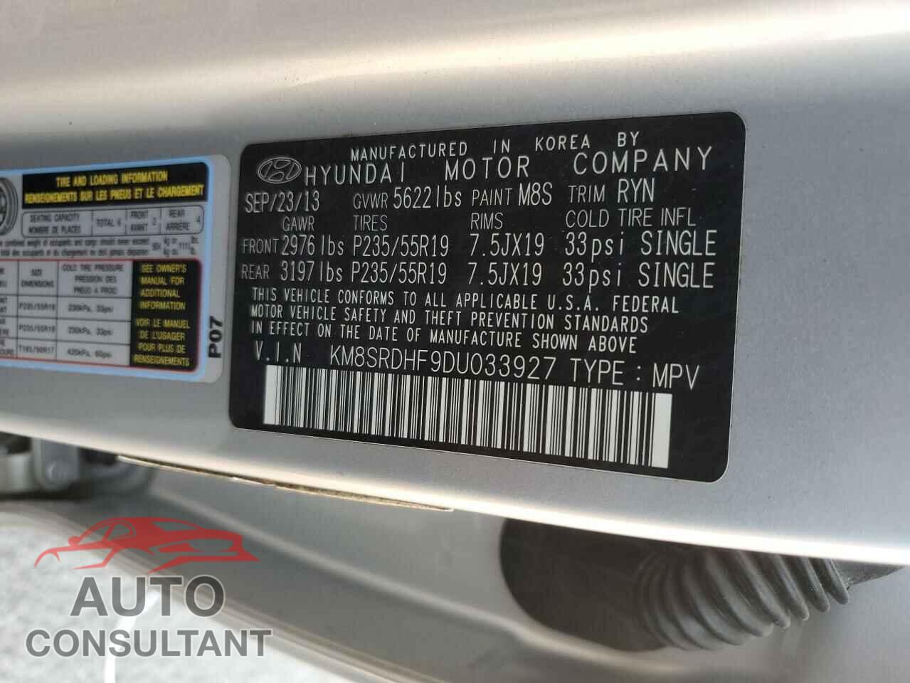 HYUNDAI SANTA FE 2013 - KM8SRDHF9DU033927