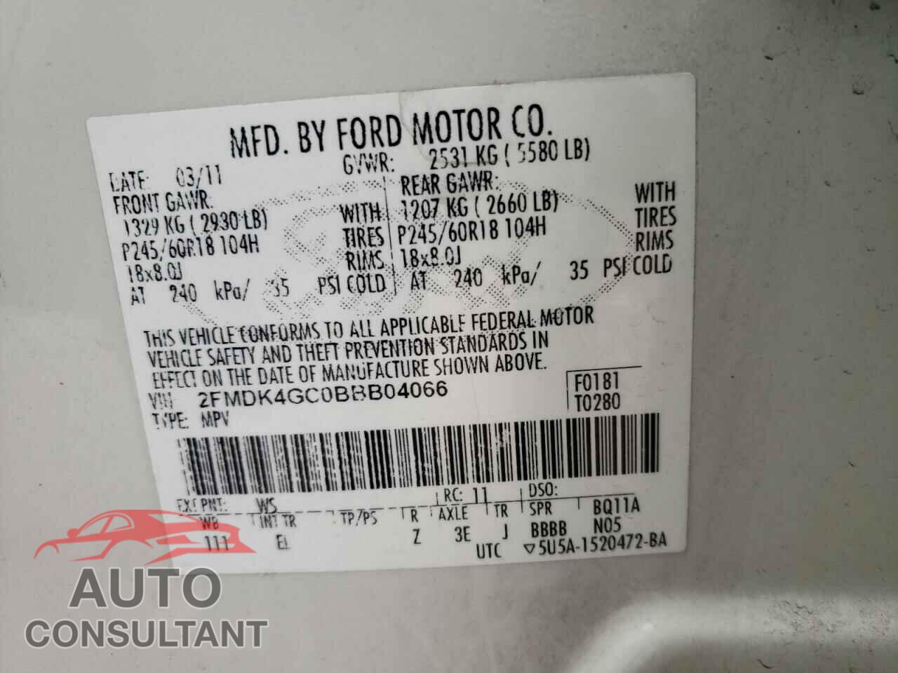 FORD EDGE 2011 - 2FMDK4GC0BBB04066