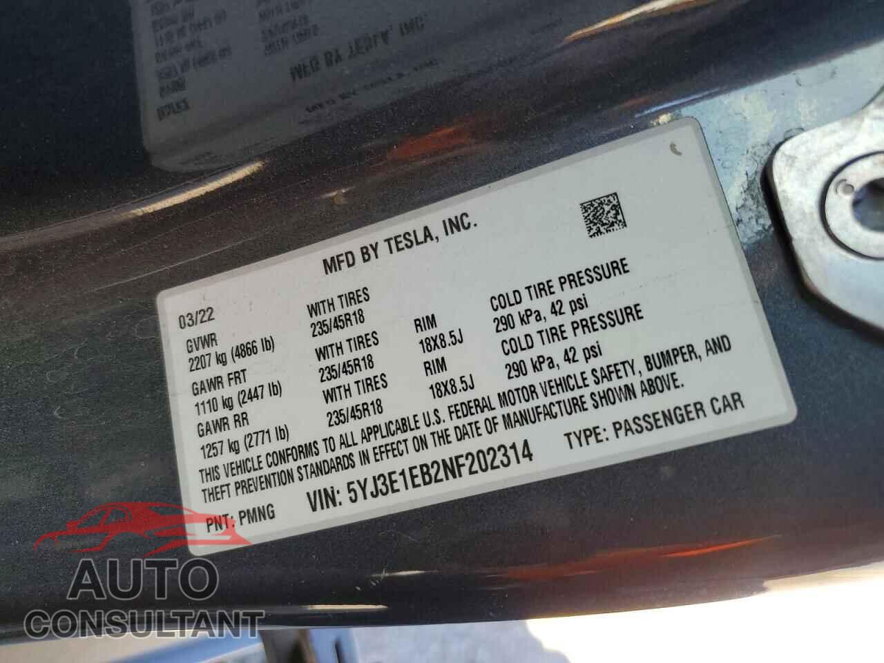 TESLA MODEL 3 2022 - 5YJ3E1EB2NF202314