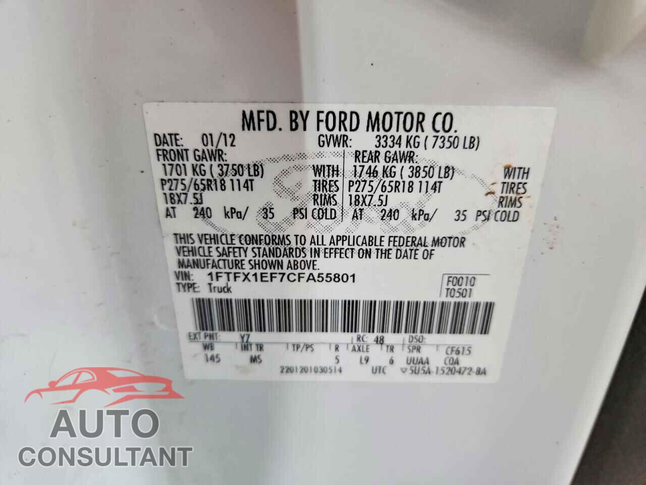 FORD F150 2012 - 1FTFX1EF7CFA55801