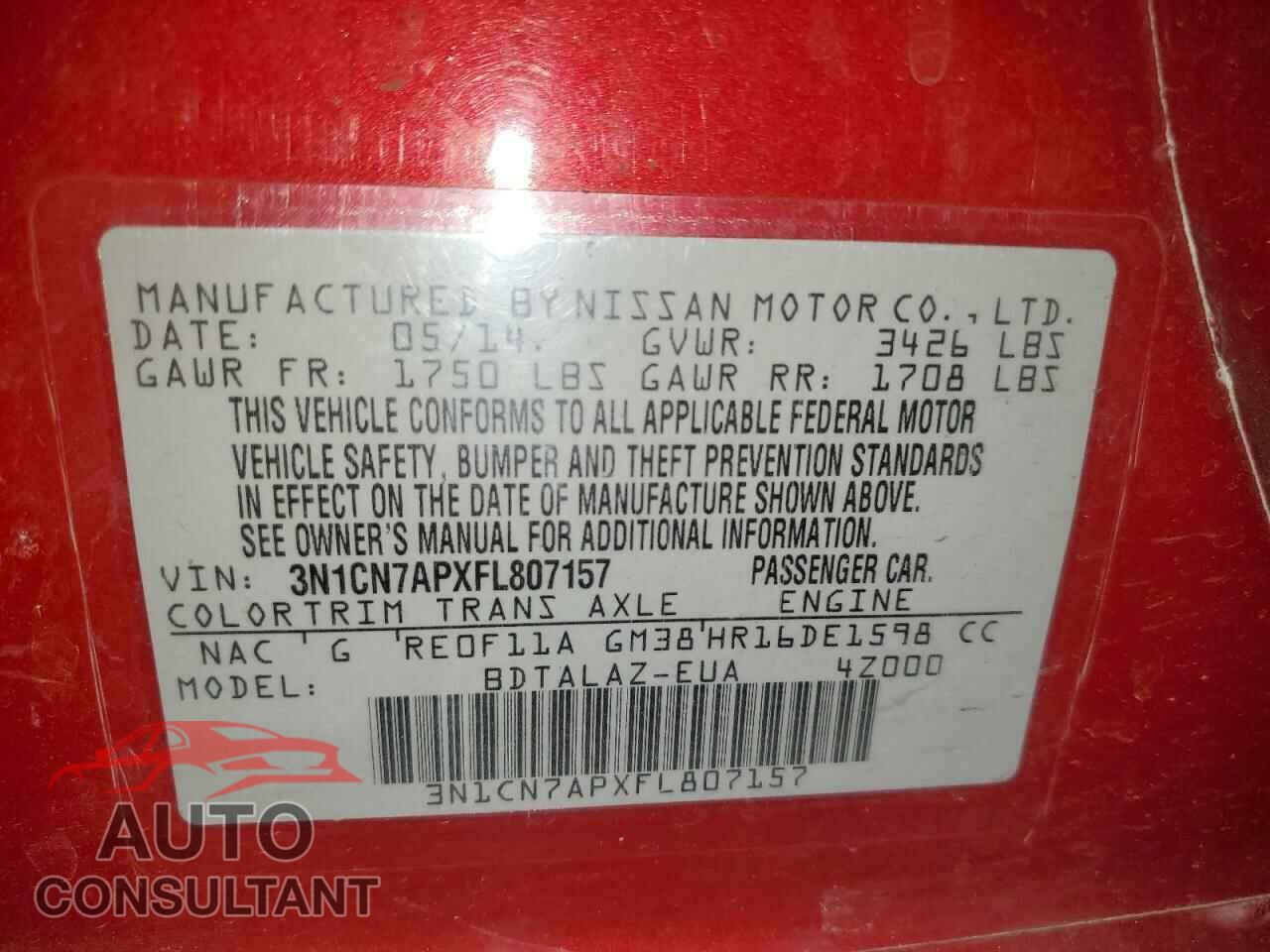 NISSAN VERSA 2015 - 3N1CN7APXFL807157