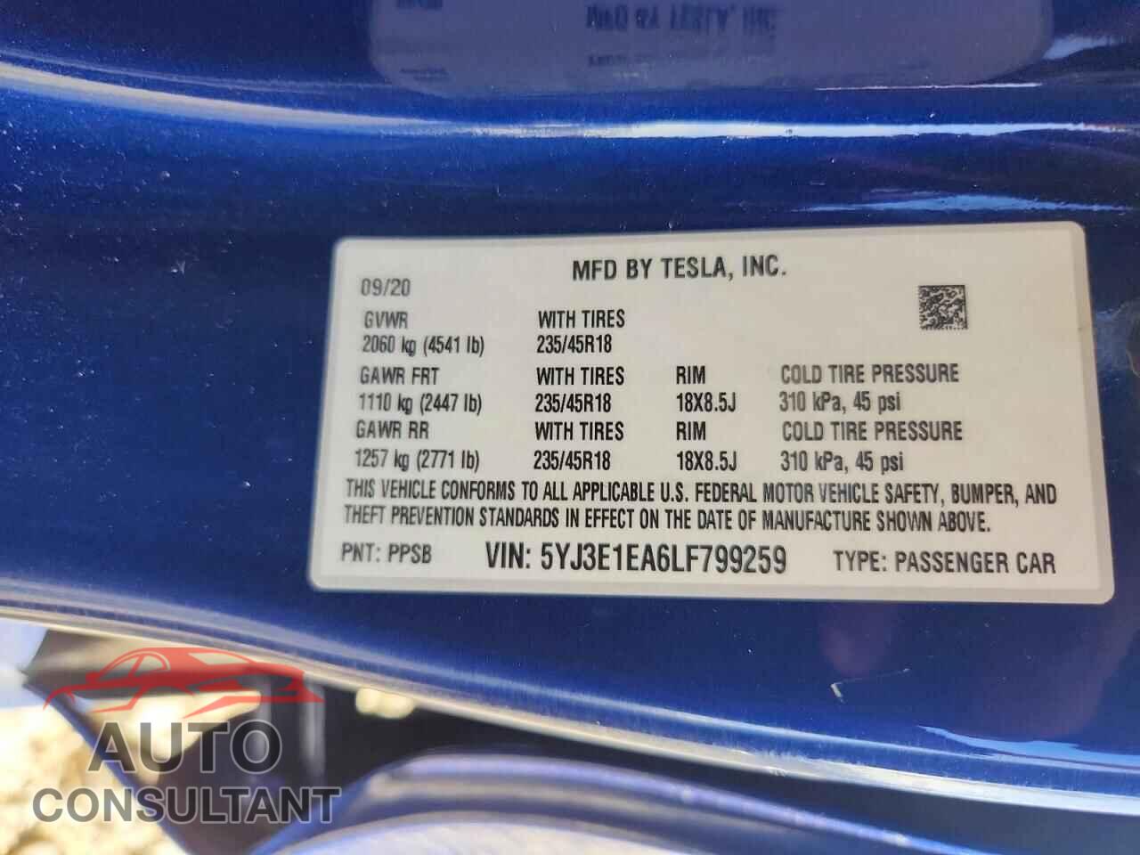 TESLA MODEL 3 2020 - 5YJ3E1EA6LF799259