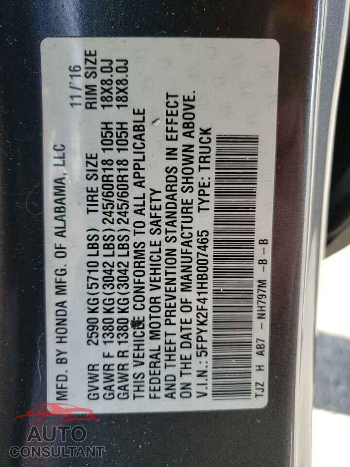 HONDA RIDGELINE 2017 - 5FPYK2F41HB007465