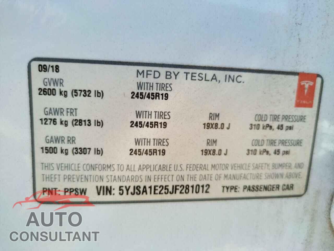 TESLA MODEL S 2018 - 5YJSA1E25JF281012