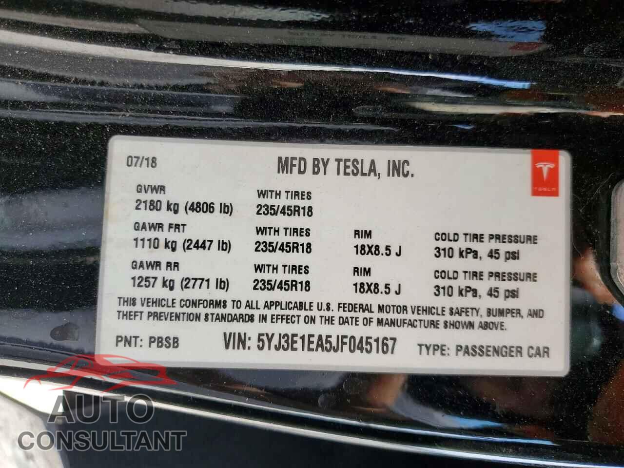 TESLA MODEL 3 2018 - 5YJ3E1EA5JF045167