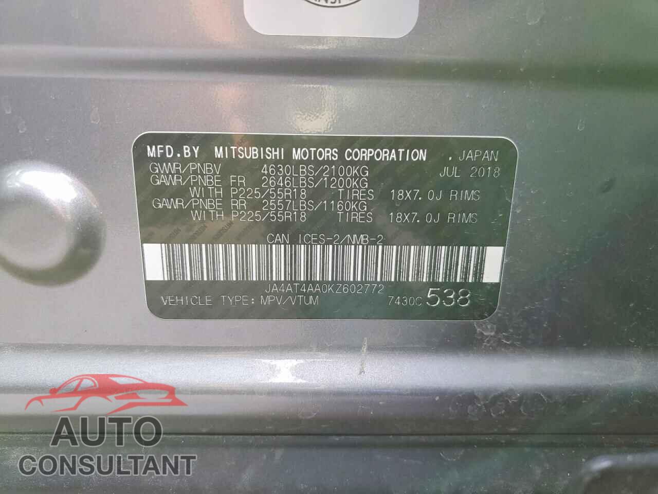 MITSUBISHI ECLIPSE 2019 - JA4AT4AA0KZ602772