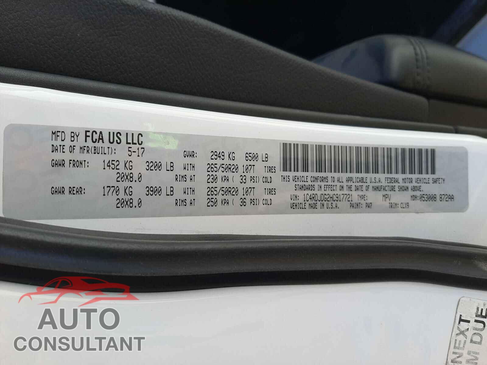 DODGE DURANGO 2017 - 1C4RDJDG2HC917721