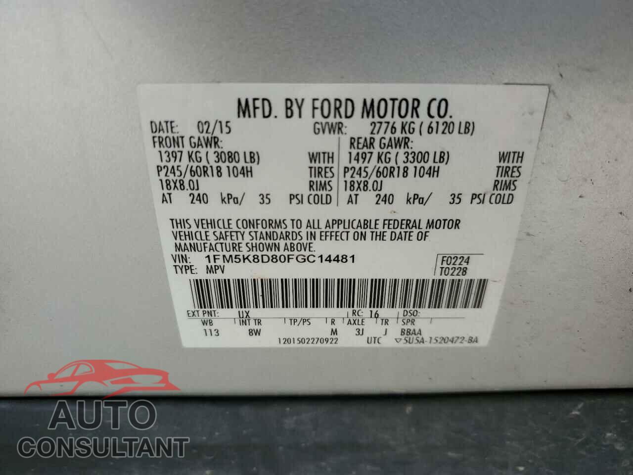 FORD EXPLORER 2015 - 1FM5K8D80FGC14481