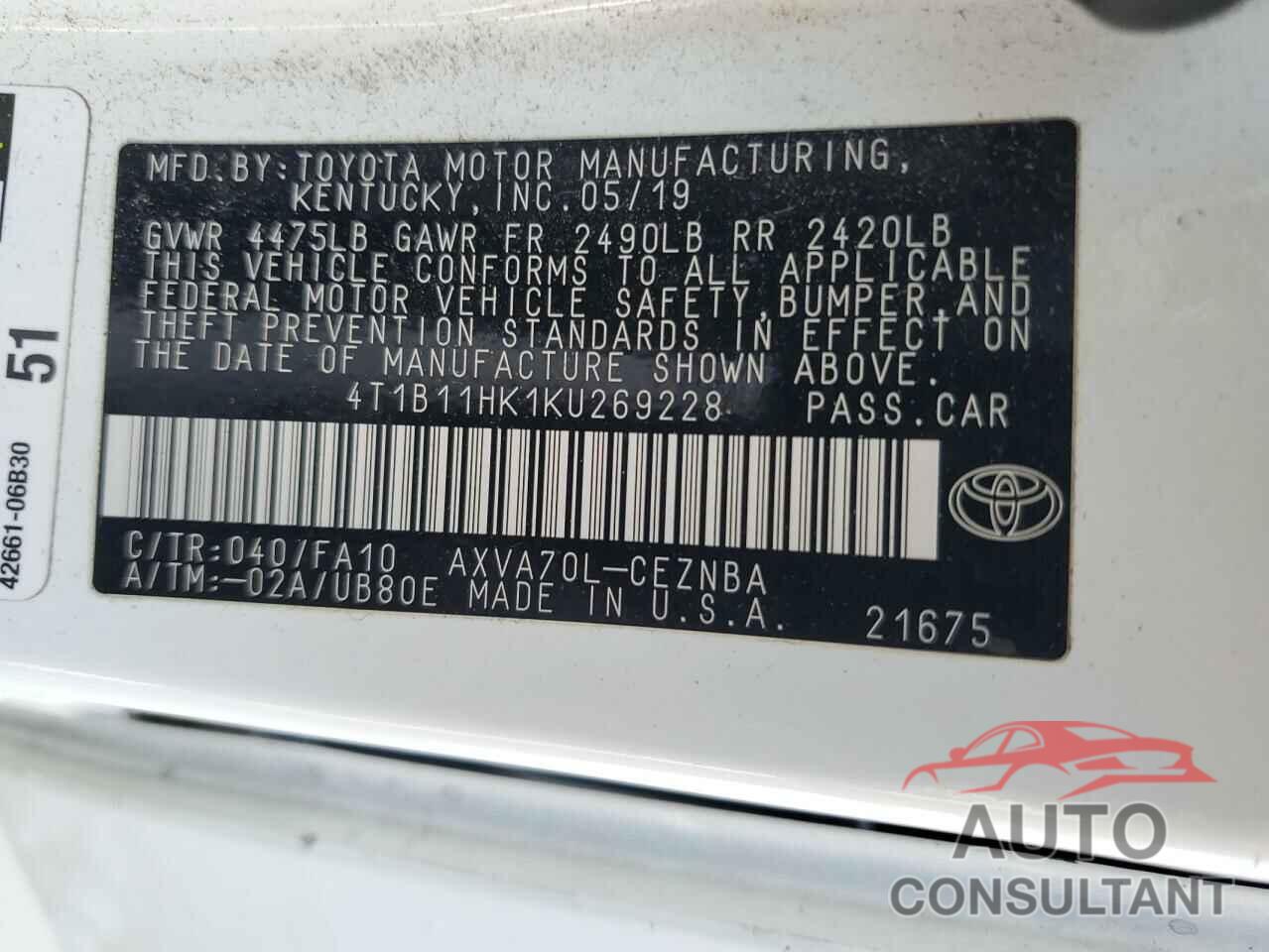 TOYOTA CAMRY 2019 - 4T1B11HK1KU269228