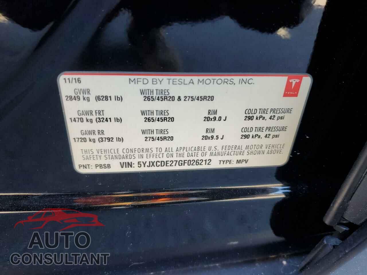 TESLA MODEL X 2016 - 5YJXCDE27GF026212