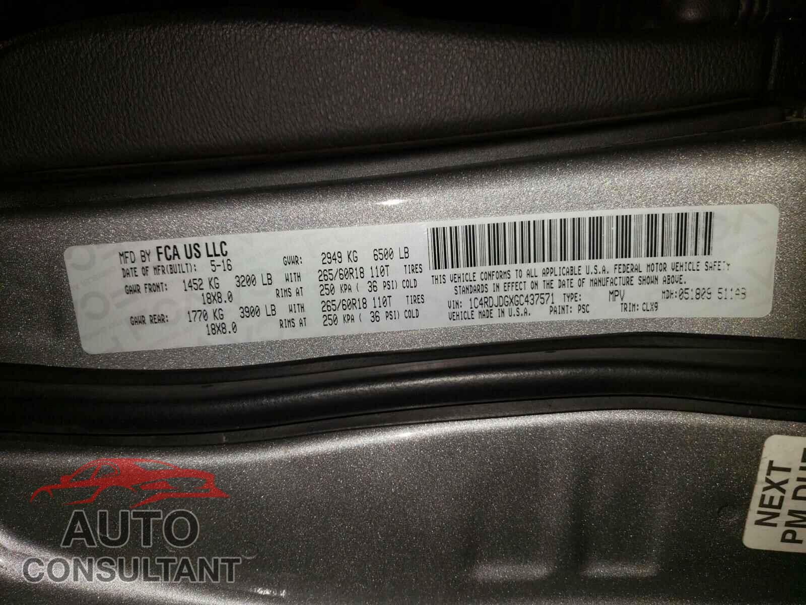 DODGE DURANGO 2016 - 1C4RDJDGXGC437571