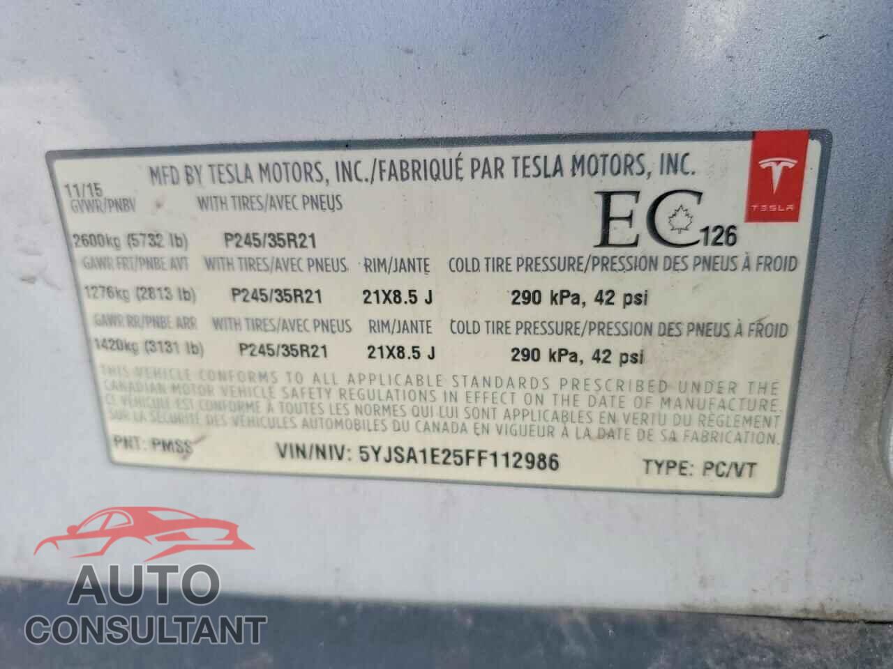TESLA MODEL S 2015 - 5YJSA1E25FF112986
