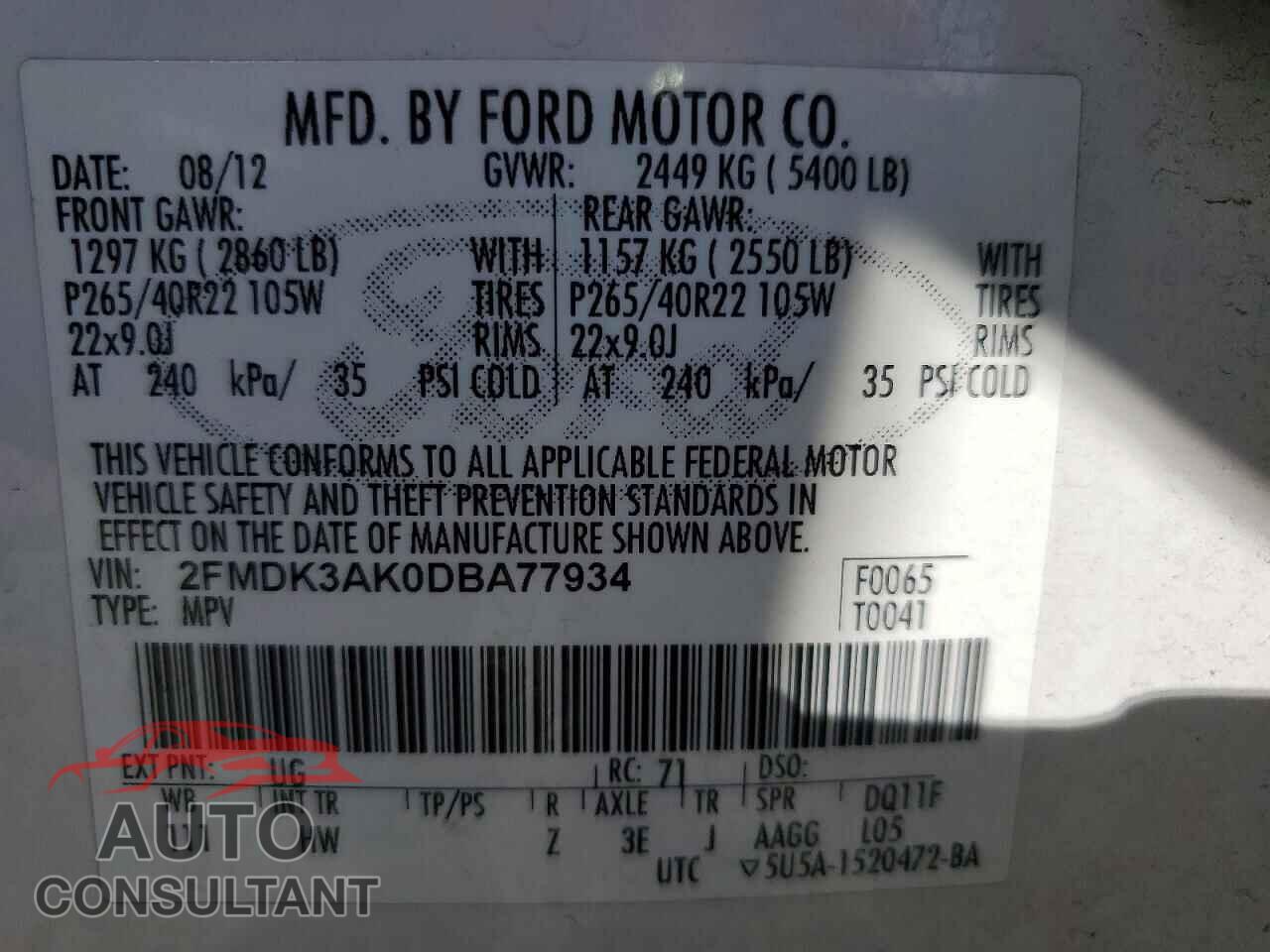 FORD EDGE 2013 - 2FMDK3AK0DBA77934