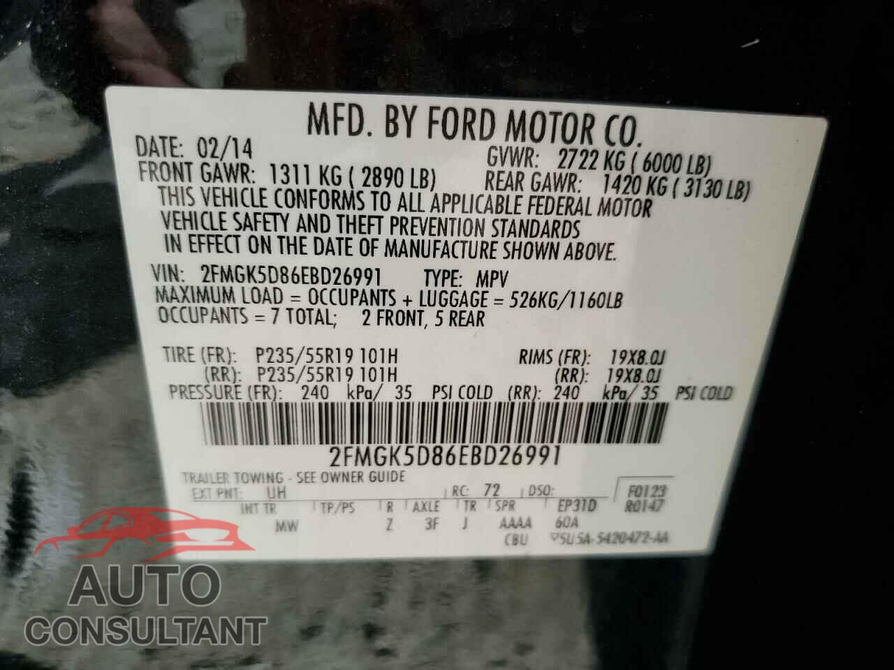FORD FLEX 2014 - 2FMGK5D86EBD26991