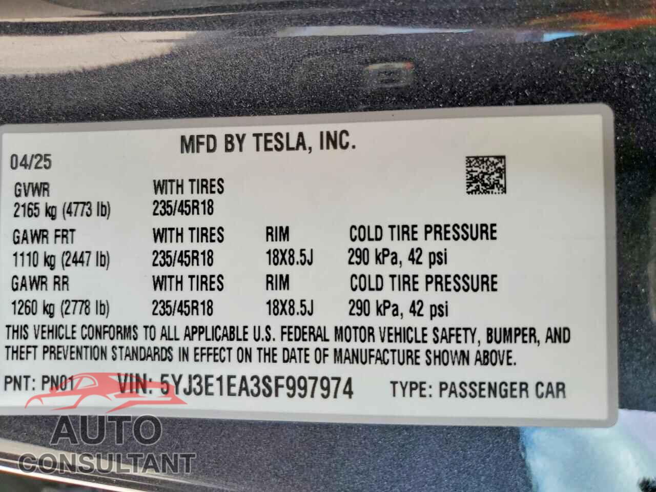 TESLA MODEL 3 2025 - 5YJ3E1EA3SF997974