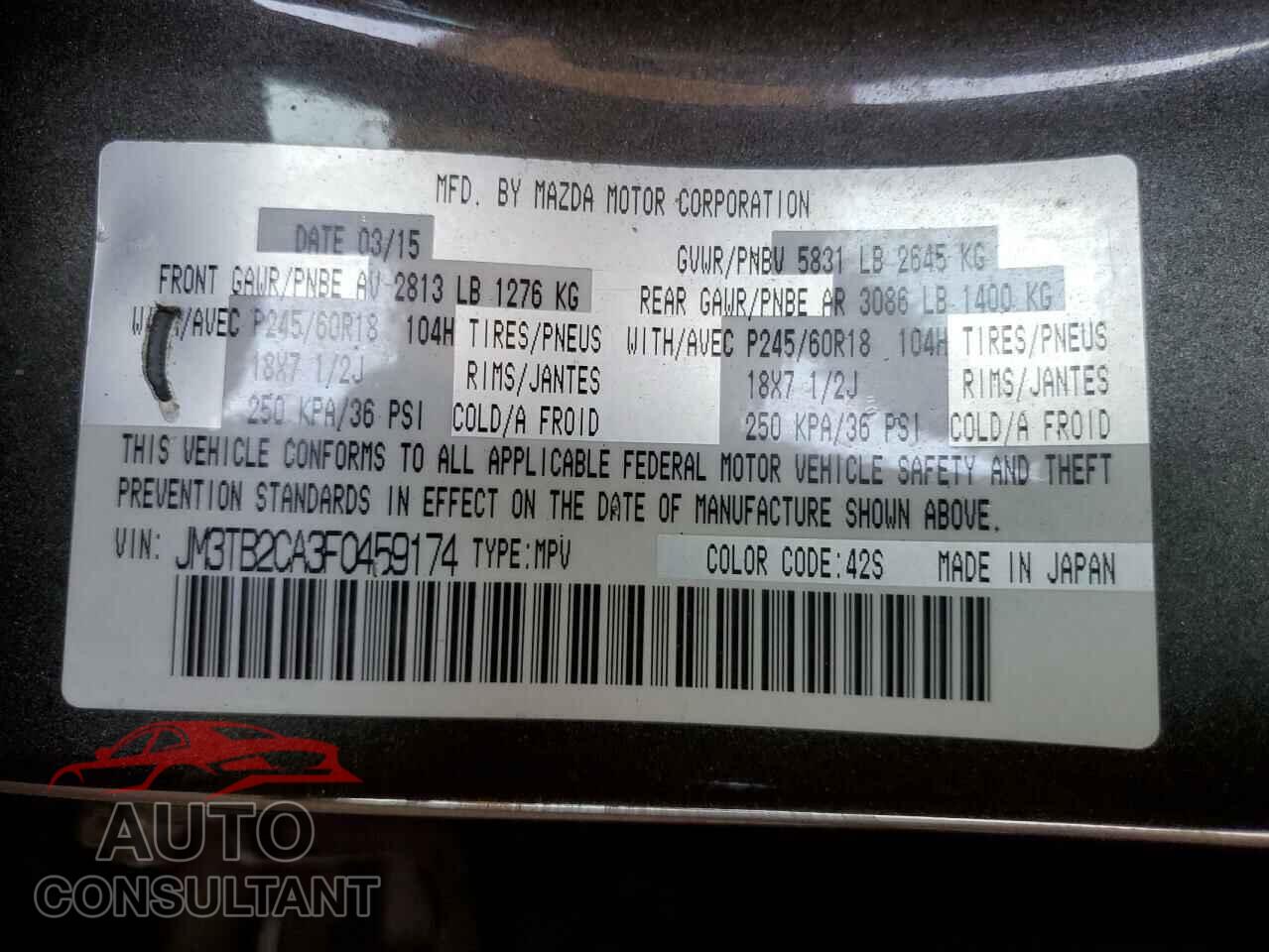 MAZDA CX-9 2015 - JM3TB2CA3F0459174
