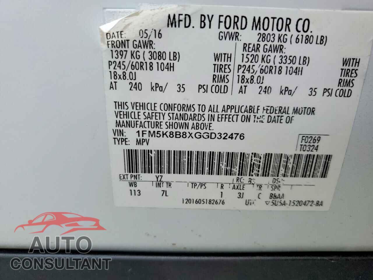 FORD EXPLORER 2016 - 1FM5K8B8XGGD32476