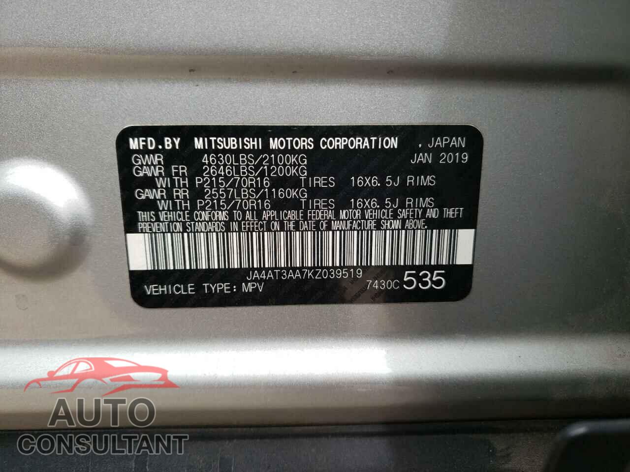 MITSUBISHI ECLIPSE 2019 - JA4AT3AA7KZ039519