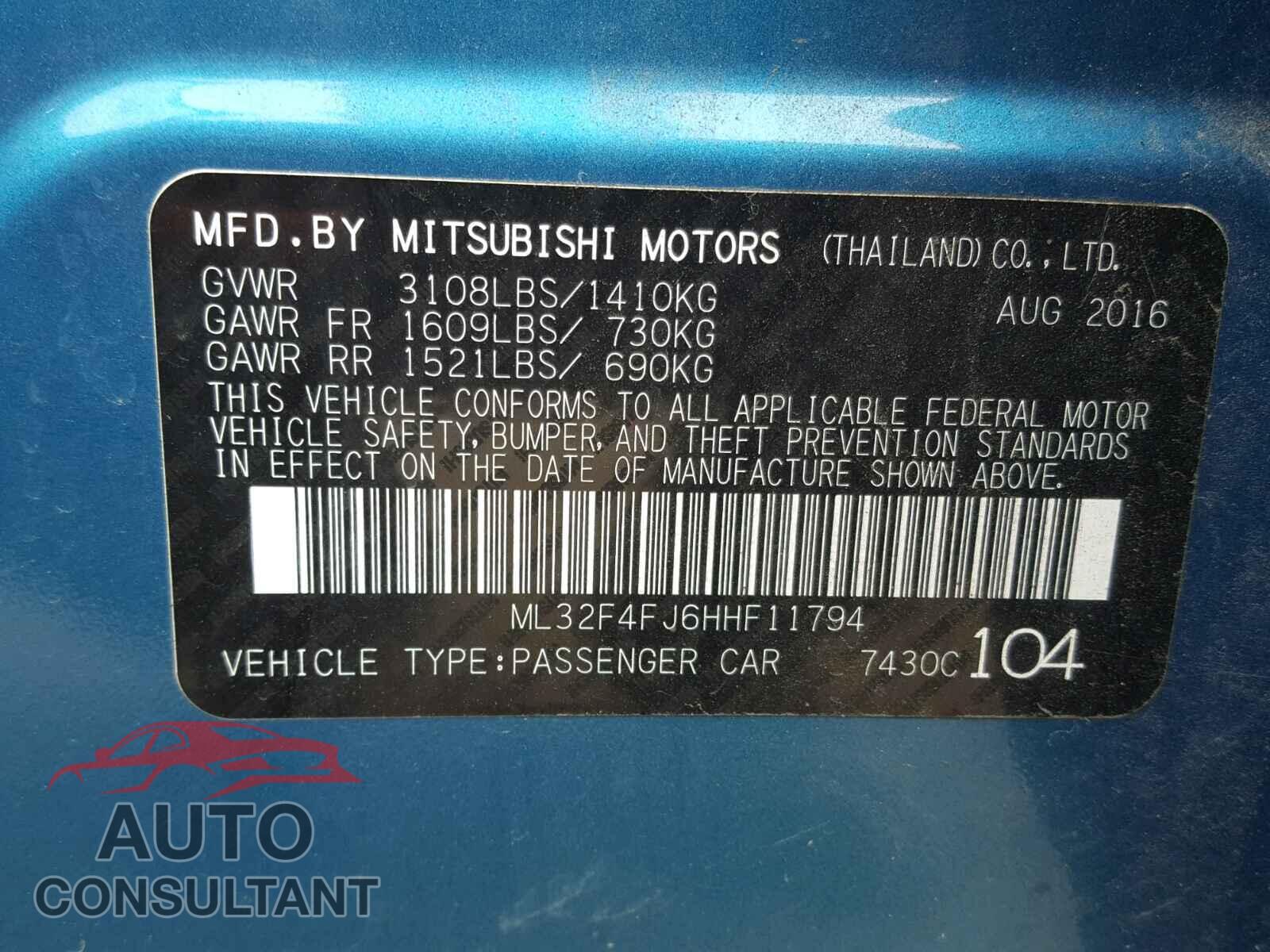 MITSUBISHI MIRAGE 2017 - ML32F4FJ6HHF11794