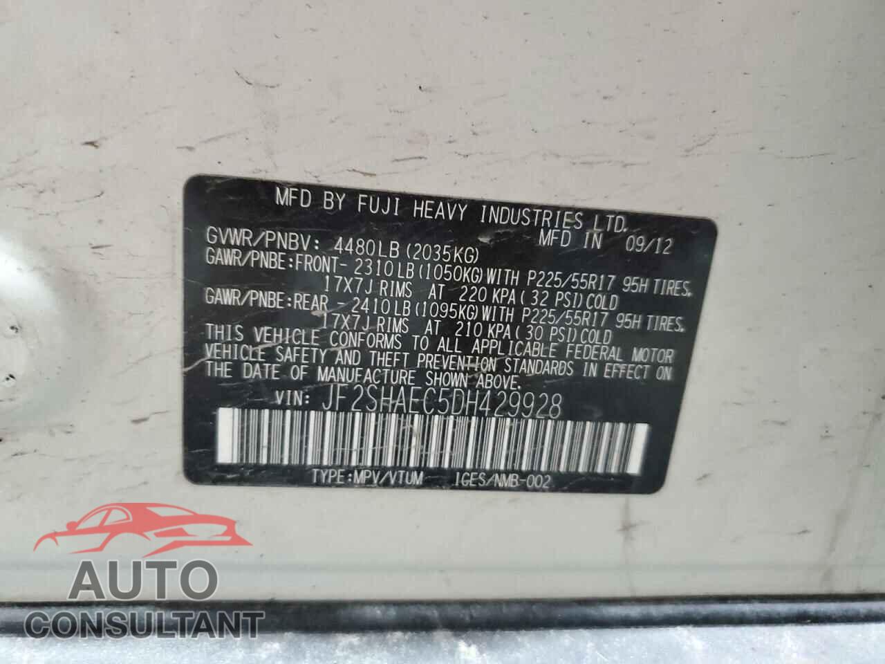 SUBARU FORESTER 2013 - JF2SHAEC5DH429928