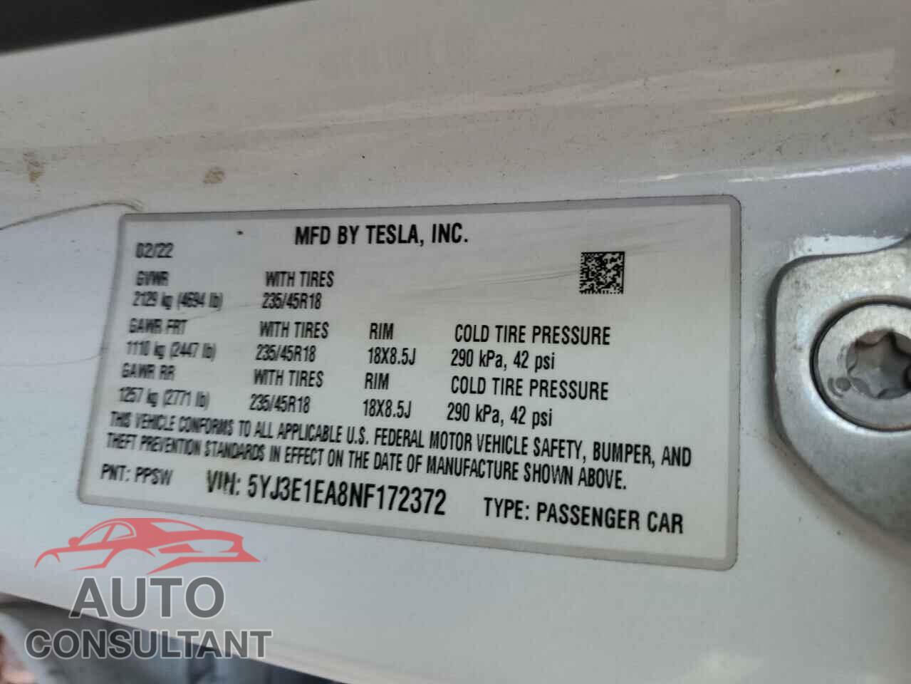 TESLA MODEL 3 2022 - 5YJ3E1EA8NF172372