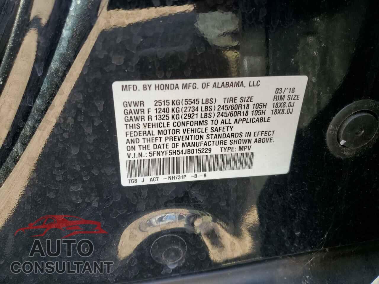 HONDA PILOT 2018 - 5FNYF5H54JB015229