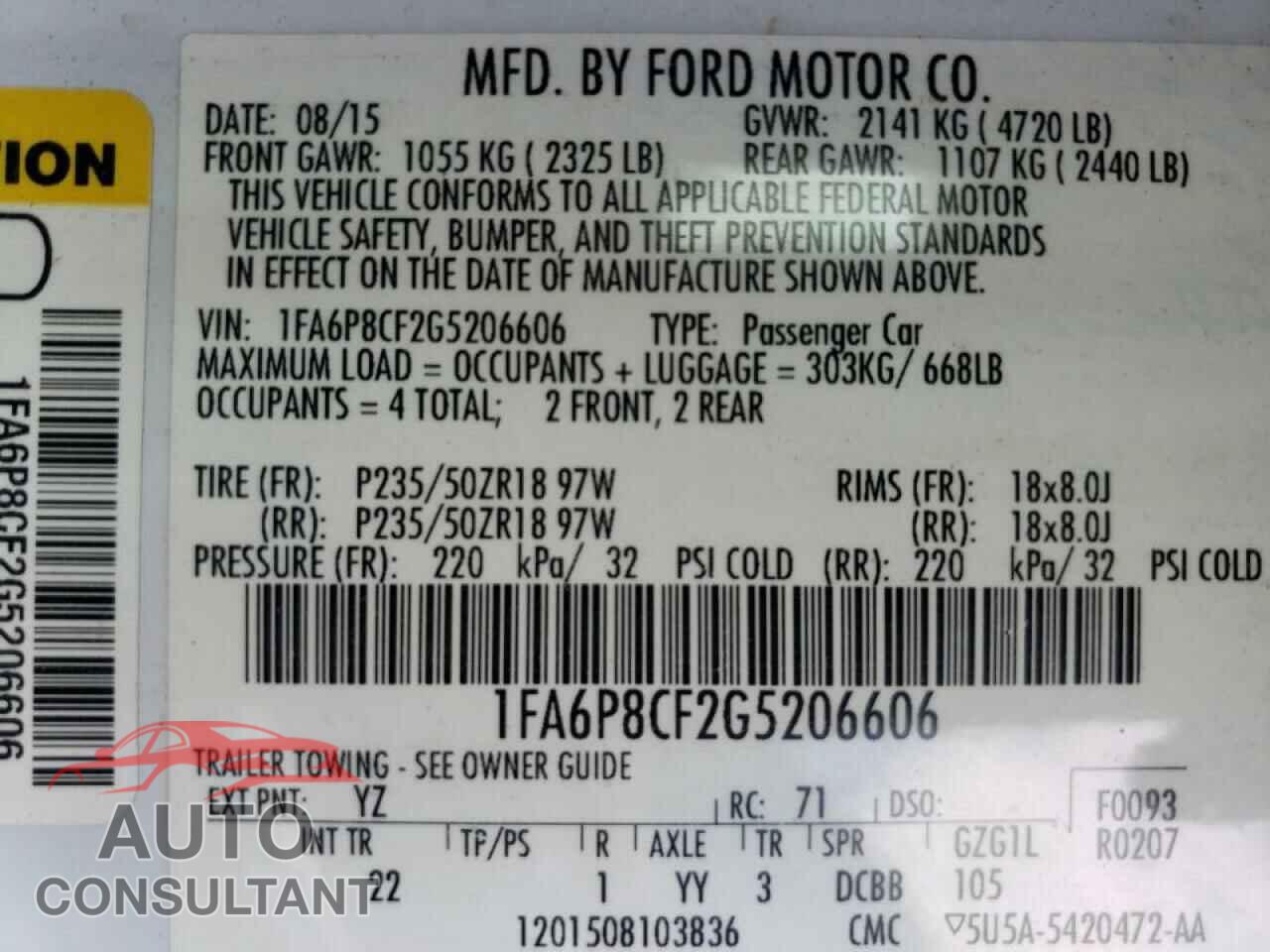 FORD MUSTANG 2016 - 1FA6P8CF2G5206606
