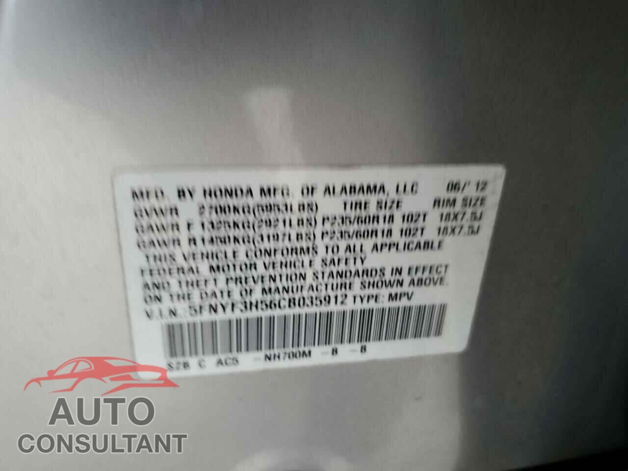 HONDA PILOT 2012 - 5FNYF3H56CB035912