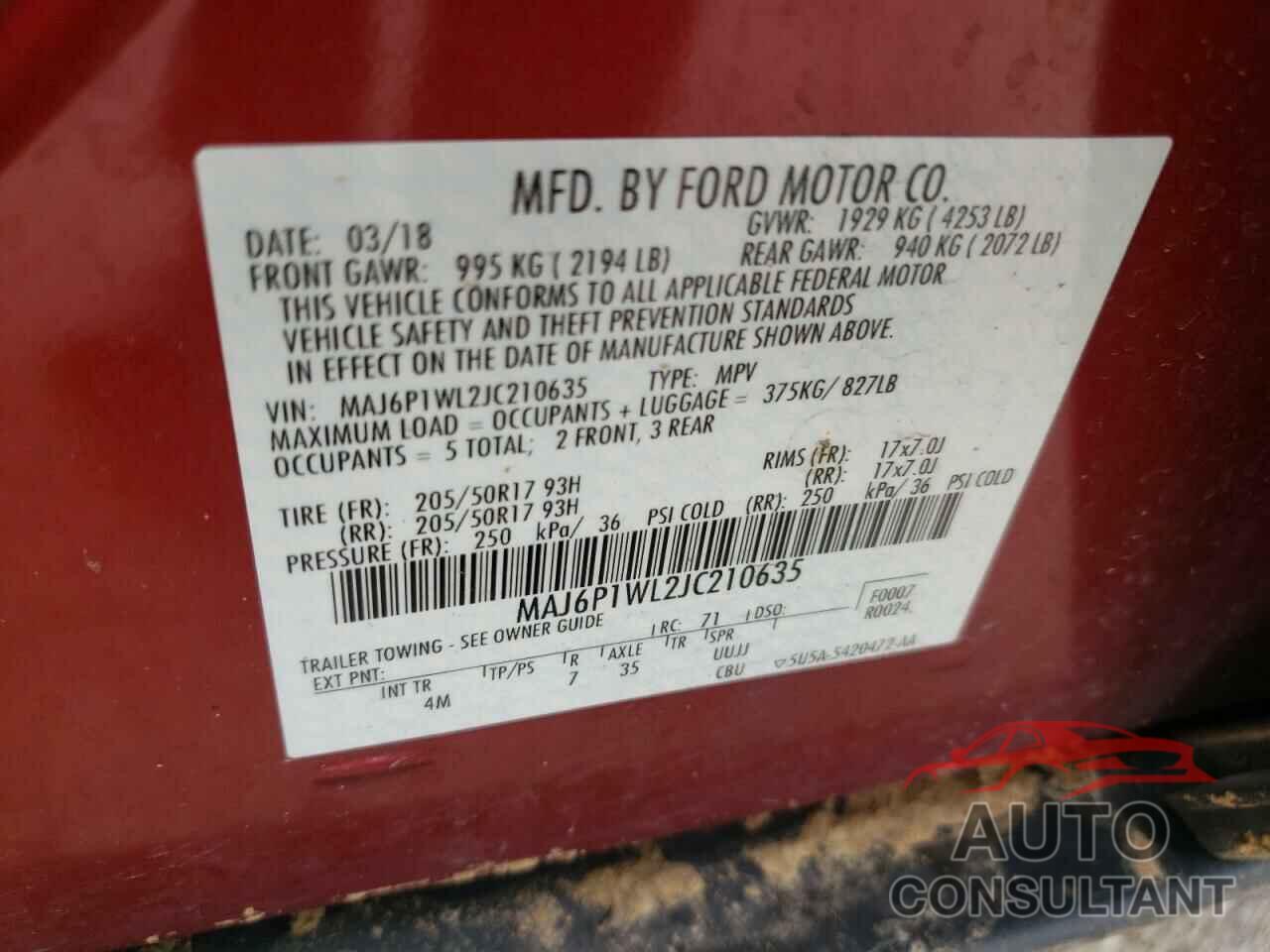 FORD ALL OTHER 2018 - MAJ6P1WL2JC210635