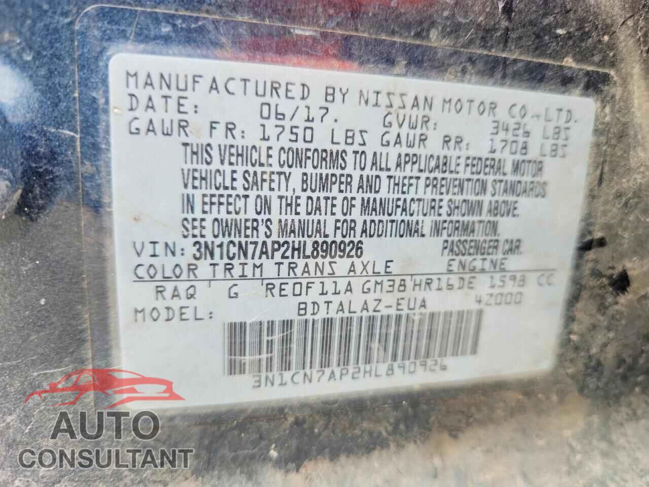 NISSAN VERSA 2017 - 3N1CN7AP2HL890926