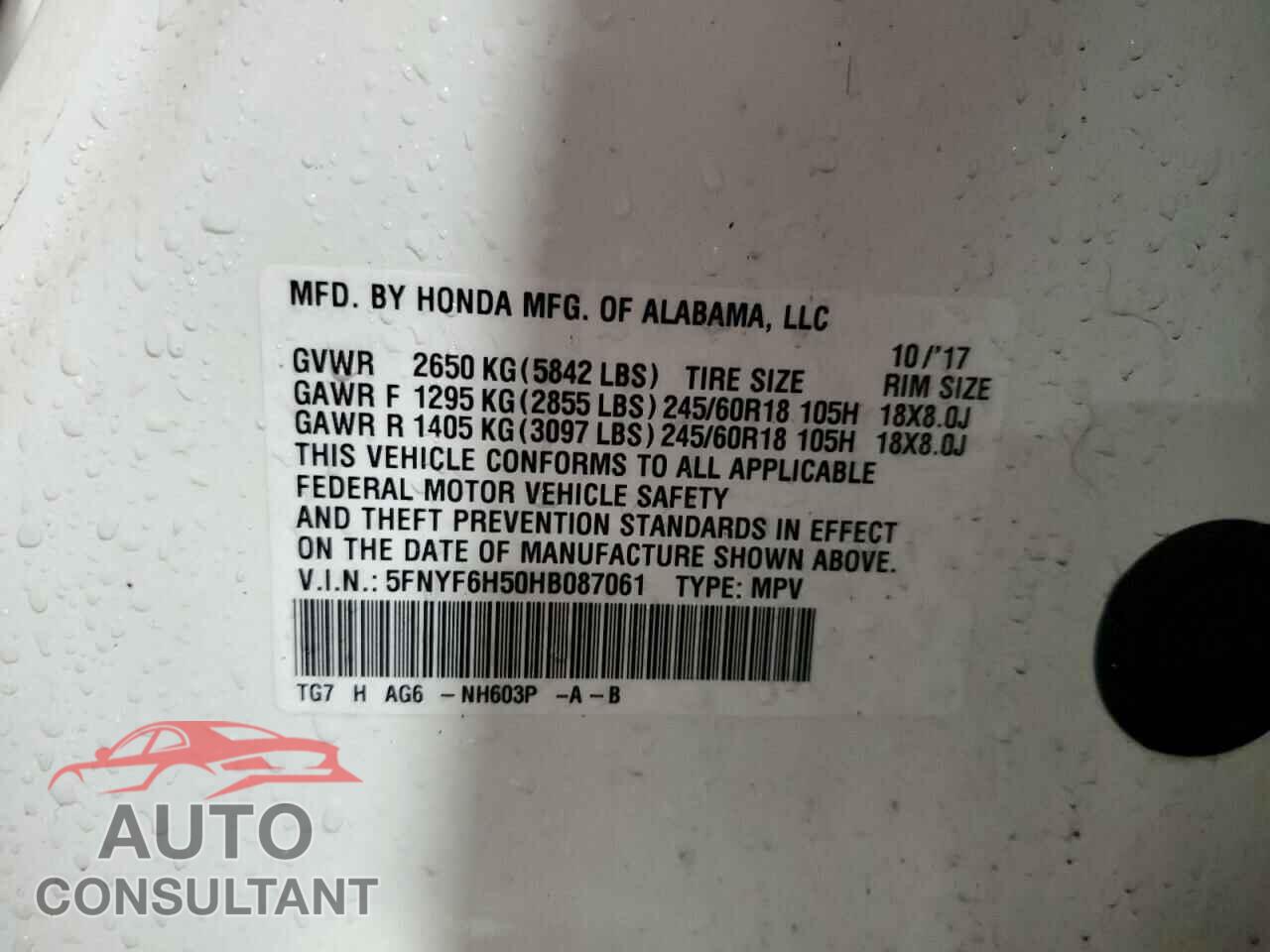 HONDA PILOT 2017 - 5FNYF6H50HB087061
