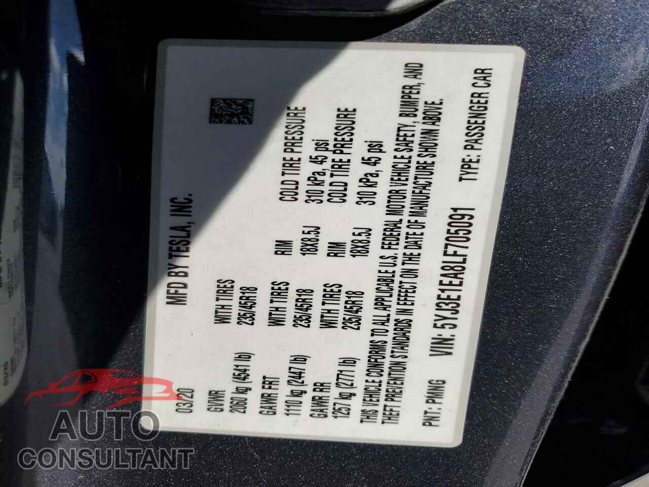 TESLA MODEL 3 2020 - 5YJ3E1EA8LF705091