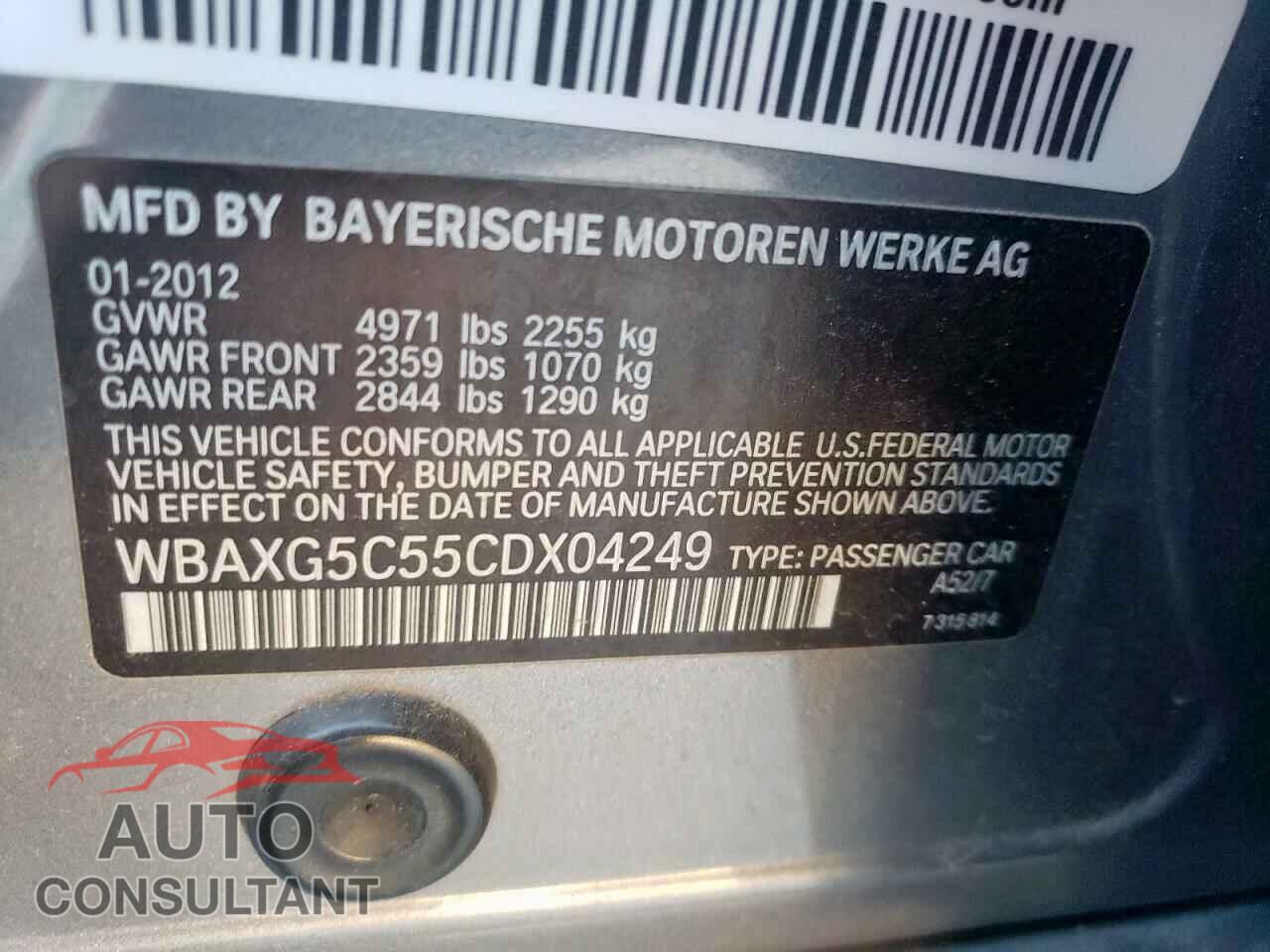 BMW 5 SERIES 2012 - WBAXG5C55CDX04249