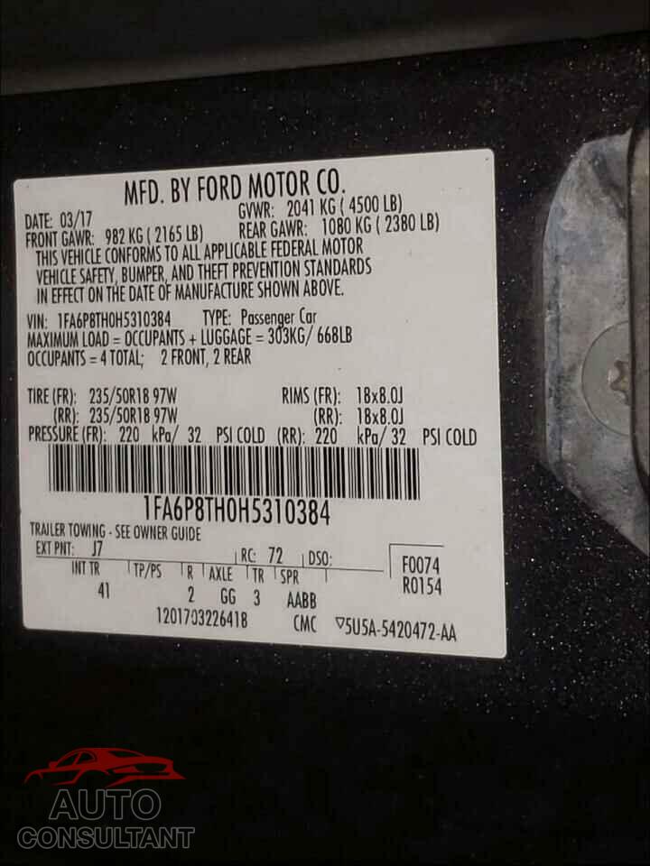 FORD MUSTANG 2017 - 1FA6P8TH0H5310384