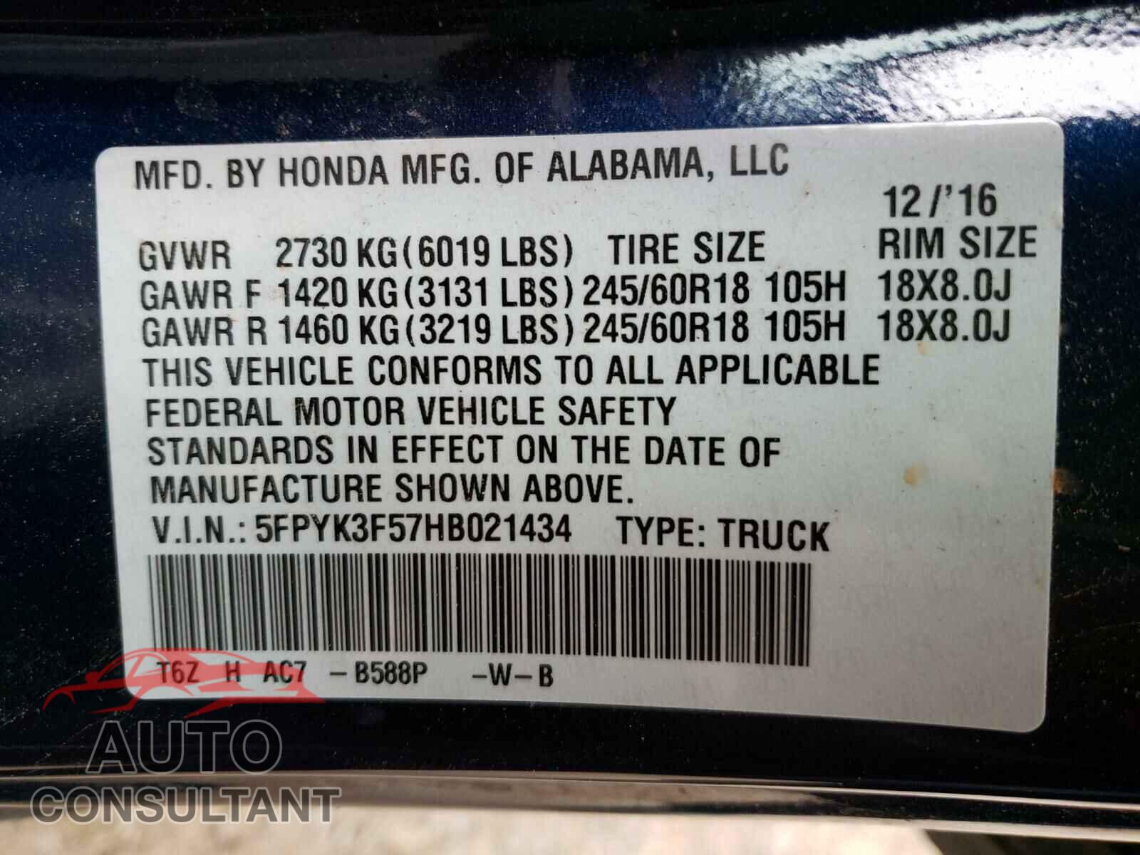 HONDA RIDGELINE 2017 - 5FPYK3F57HB021434