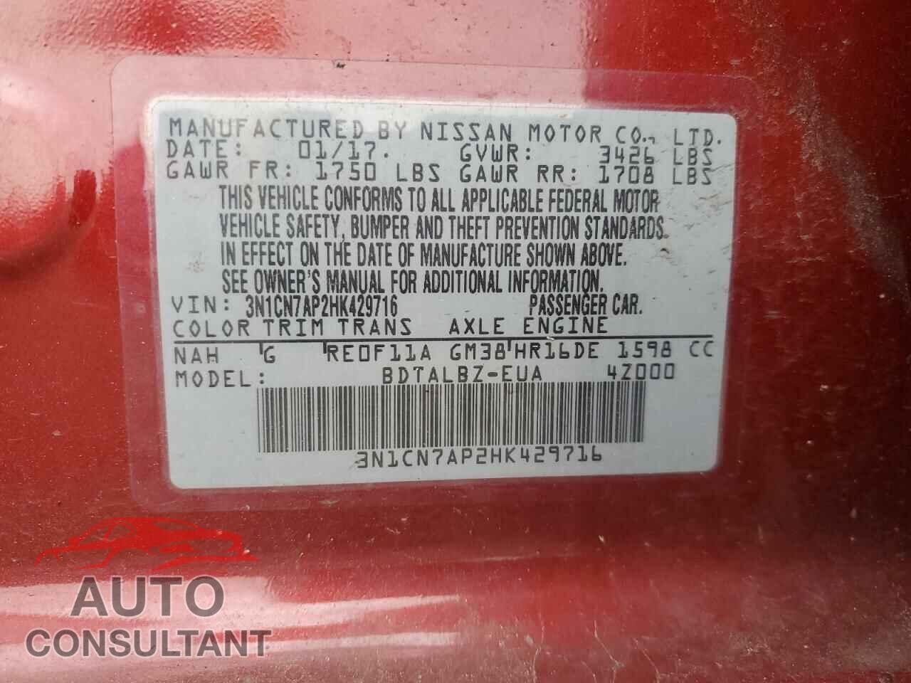 NISSAN VERSA 2017 - 3N1CN7AP2HK429716