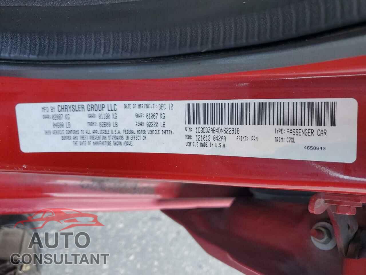 DODGE AVENGER 2013 - 1C3CDZABXDN622916
