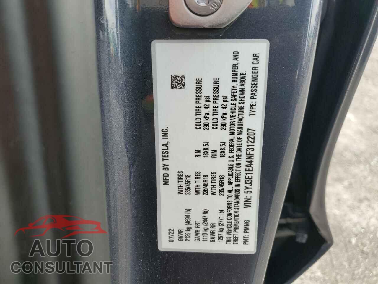 TESLA MODEL 3 2022 - 5YJ3E1EA4NF312207