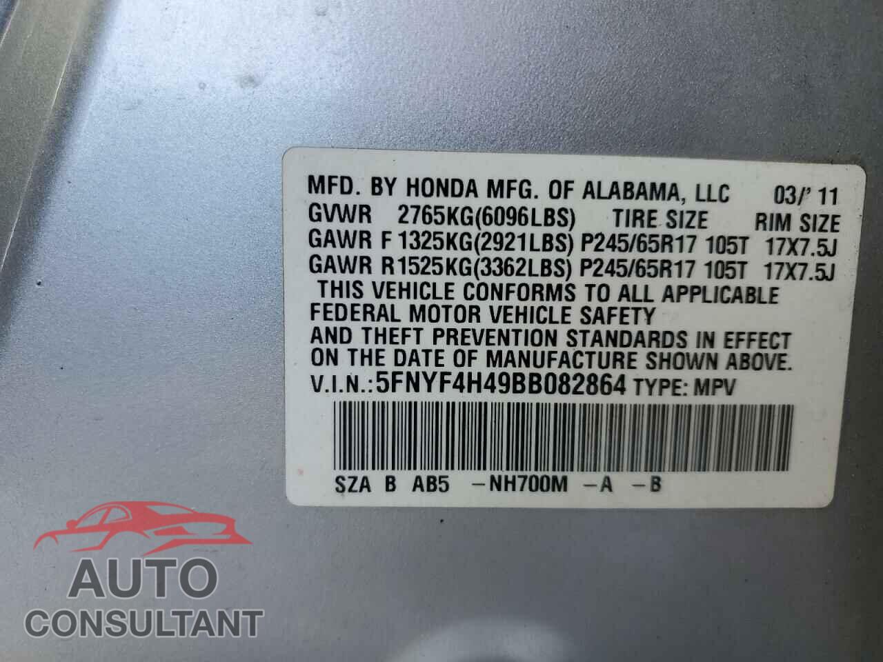 HONDA PILOT 2011 - 5FNYF4H49BB082864