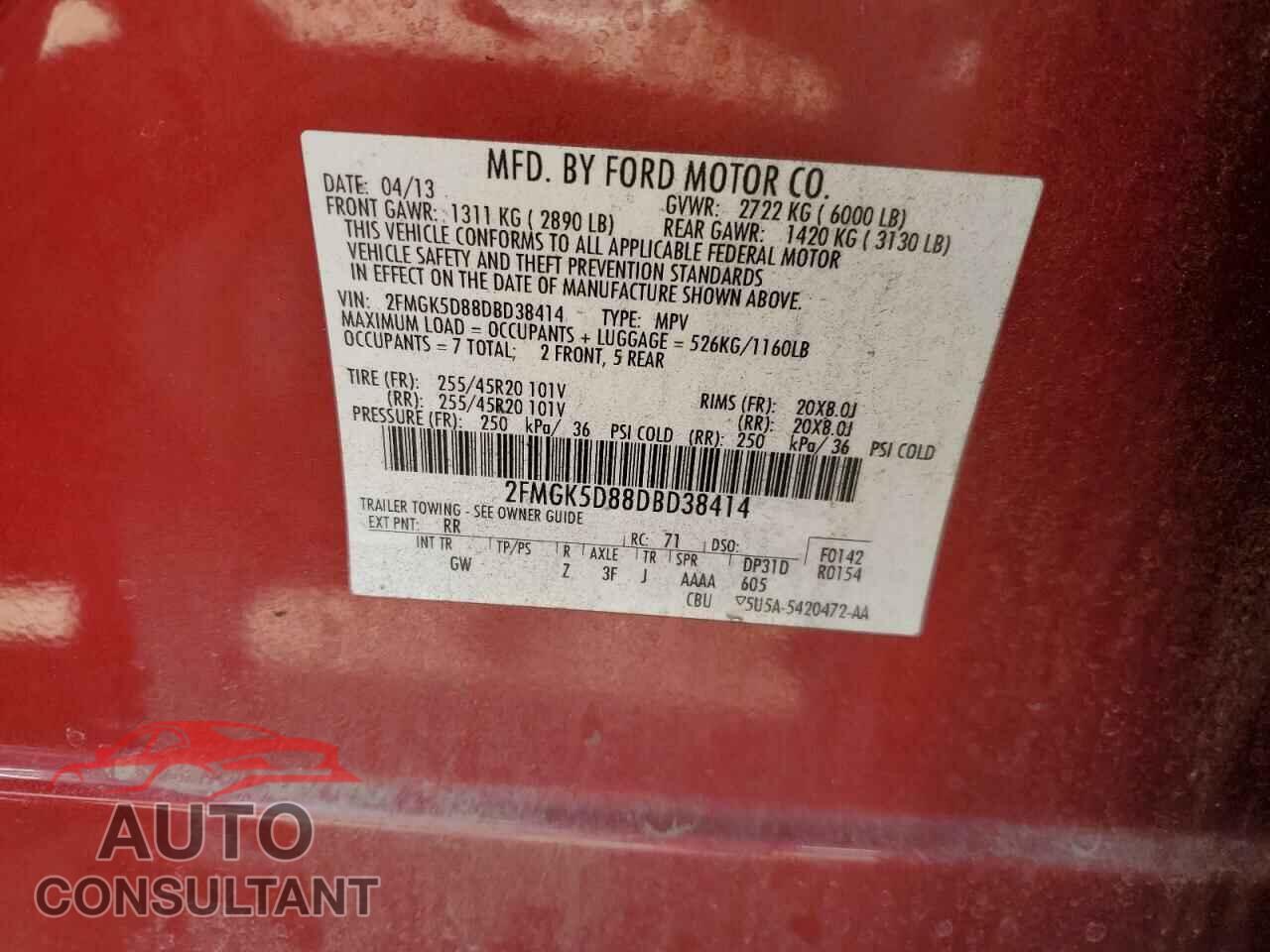 FORD FLEX 2013 - 2FMGK5D88DBD38414