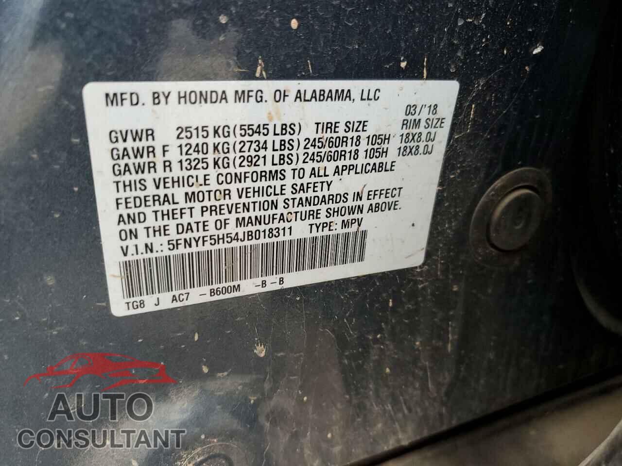HONDA PILOT 2018 - 5FNYF5H54JB018311