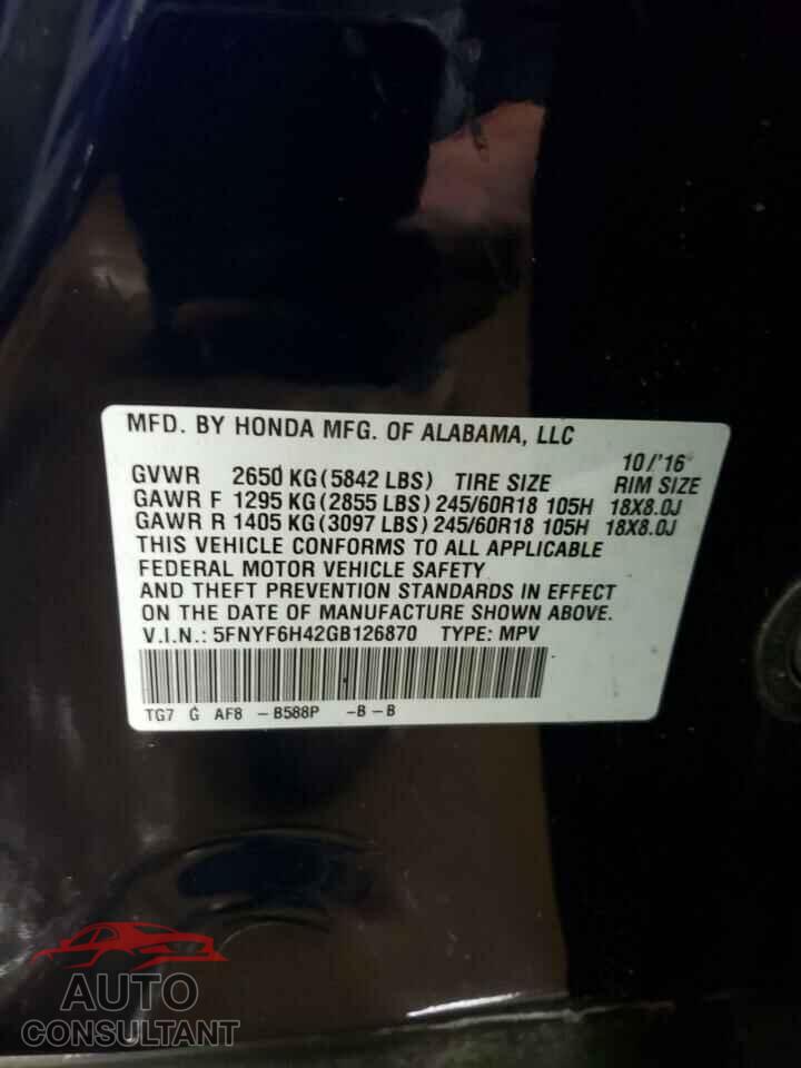 HONDA PILOT 2016 - 5FNYF6H42GB126870