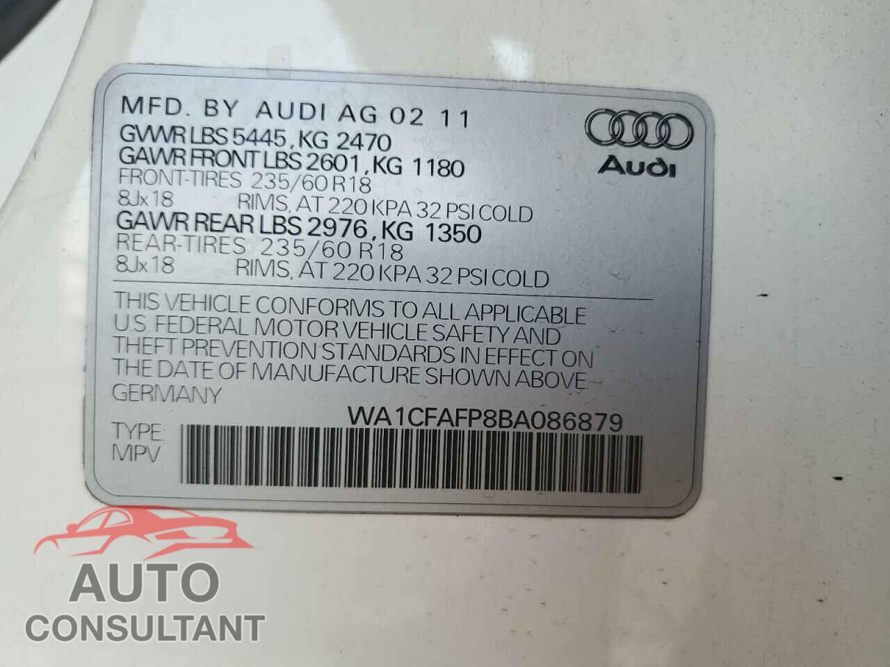 AUDI Q5 2011 - WA1CFAFP8BA086879